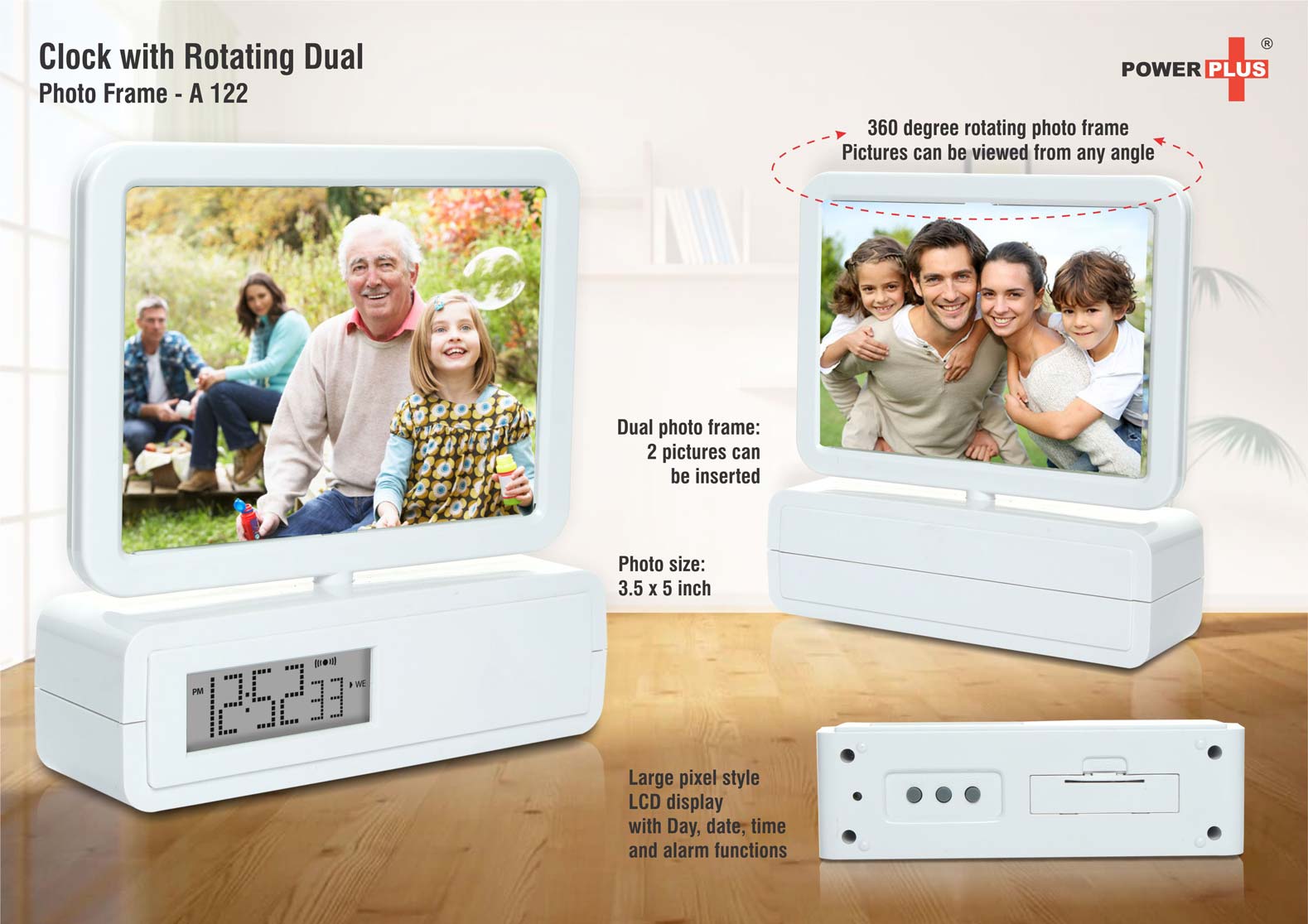 Rotating photo frame with digital table clock